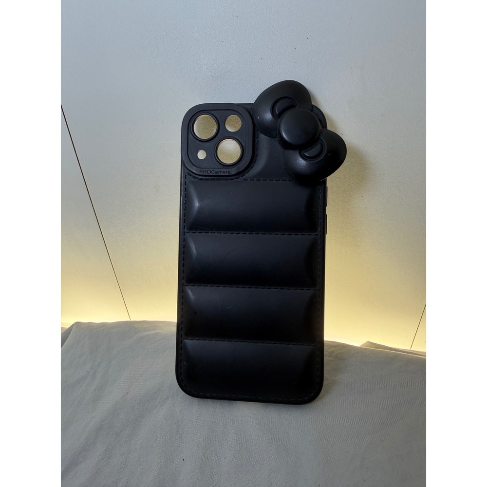 Black Puffer Phone Case with 3D Bow Detail for iPhone‎ 13  Matte Finish